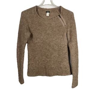 J Crew Boucle Shoulder Zip Sweater Women's M Cocoa Brown Crew Neck Wool Alpaca